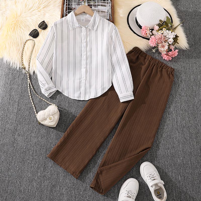 

2025 Autumn Kids Academy Style Striped Shirt & Wide Leg Pants Set for Boys & Girls 130cm