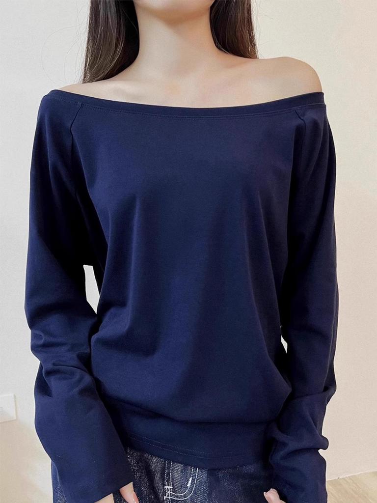 Zhang Jingyi Style Black Off-Shoulder Short-Sleeve Summer T-Shirt for Women - Slimming, Chic, Loose Fit, Diagonal Collar.