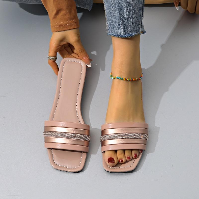 

Sandals summer new outer wear beach shoes large size square head rhinestone word low heel cool slippers women 42 розовый