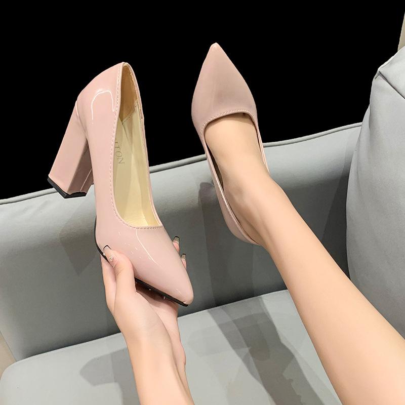 Large size high heels women's autumn new sexy thick heel pointed single shoes shallow mouth patent leather one pedal