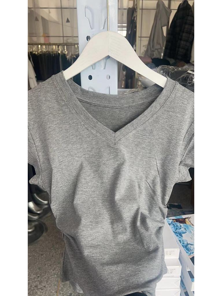 Women's Slim-Fit V-Neck Short-Sleeve Top - Elastic Waist, Round Hem, Solid Color for Summer