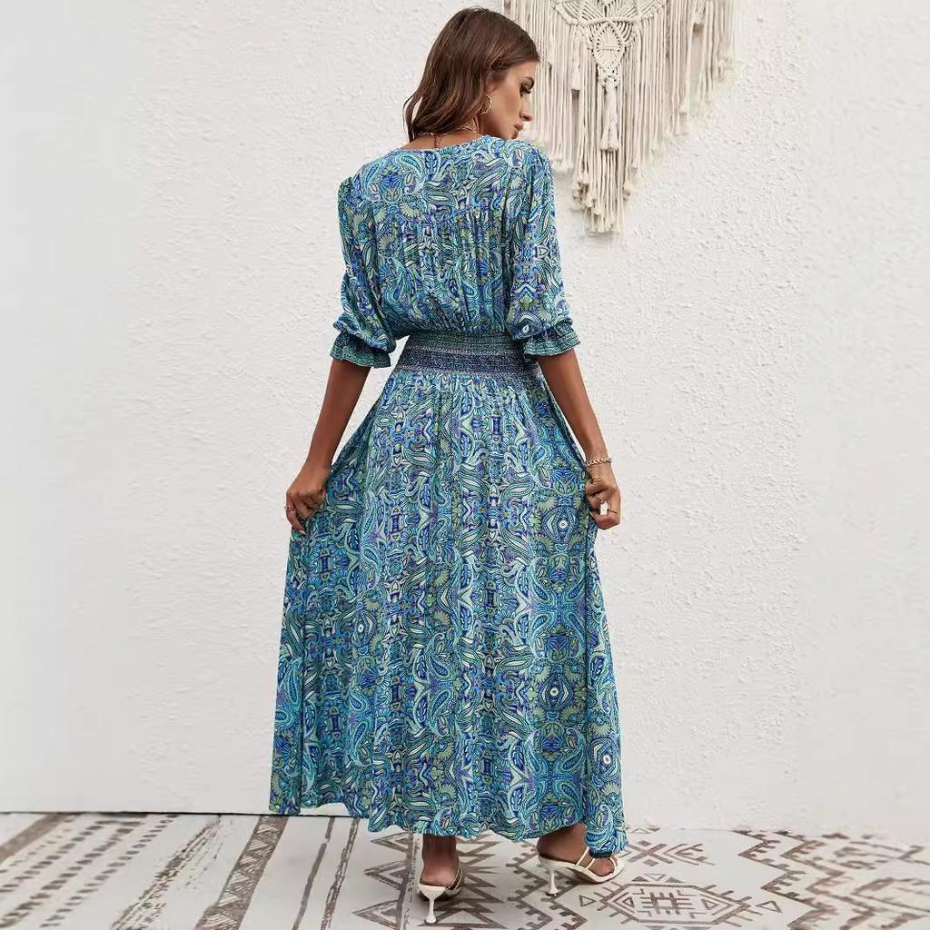 Real shot human cotton positioning printing seven-quarter sleeve waist bohemian dress travel vacation breasted beach dress