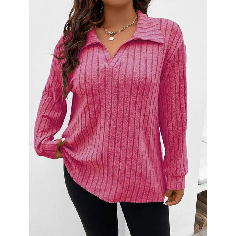 Plus Size Long-Sleeved V Lapel Pullover with Pit Stripes for Autumn and Winter