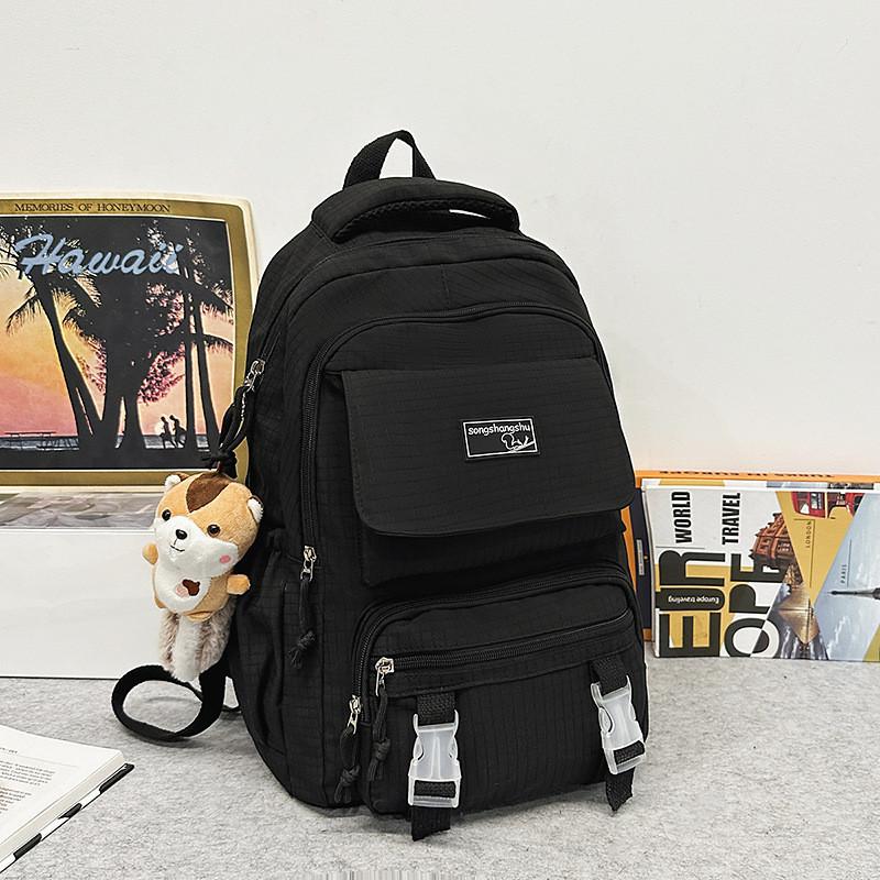 Simple Color Solid Checkered Texture Student Backpack With Pendant Plush