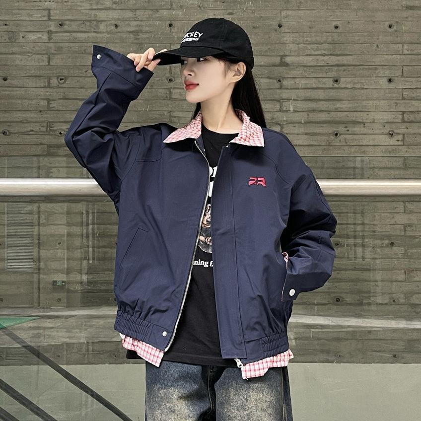 

Американская клетчатая куртка в стиле ретро пэчворк, весна, новый стиль, свободный крой, дизайн с отложным воротником, топ 2XL тёмно-синий