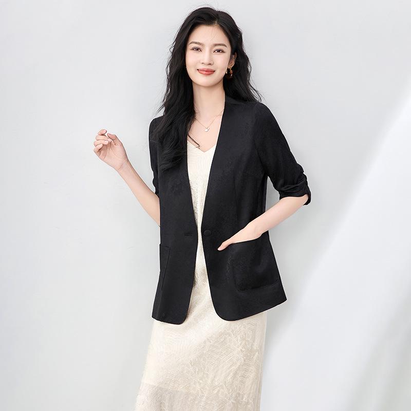 Women's Light Luxury Jacquard Ruched Sleeve V-Neck Lace Blazer