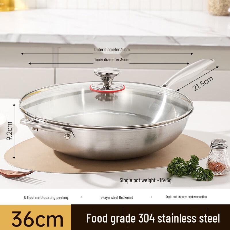 Qiwei Food-Grade 304 Stainless Steel Uncoated Wok