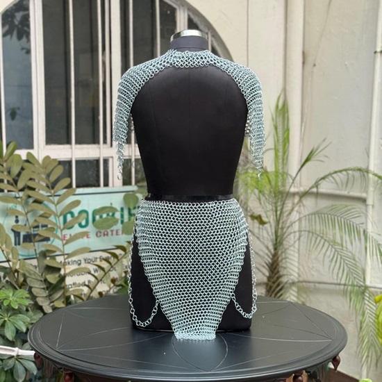 Edgy Chainmail Body Armor Set Silver Statement Top  Skirt for Festival, Cosplay And Layered Fashion