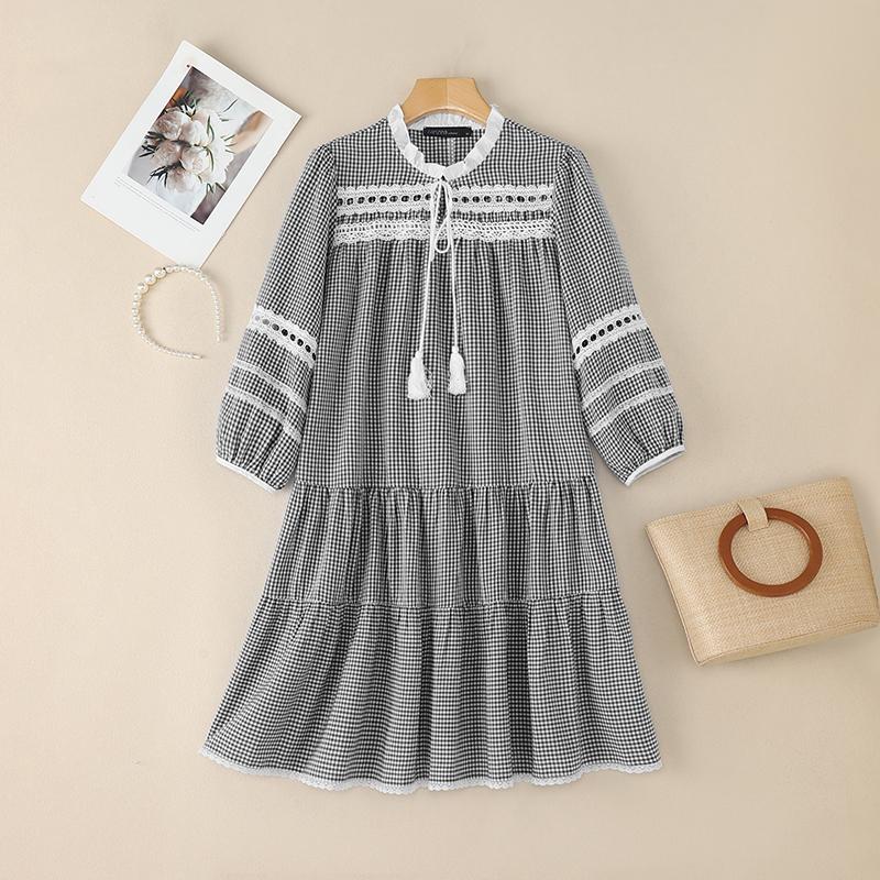 

ZANZEA Women Casual Round Neck 3/4 Sleeve Loose Plaid Print Dress S