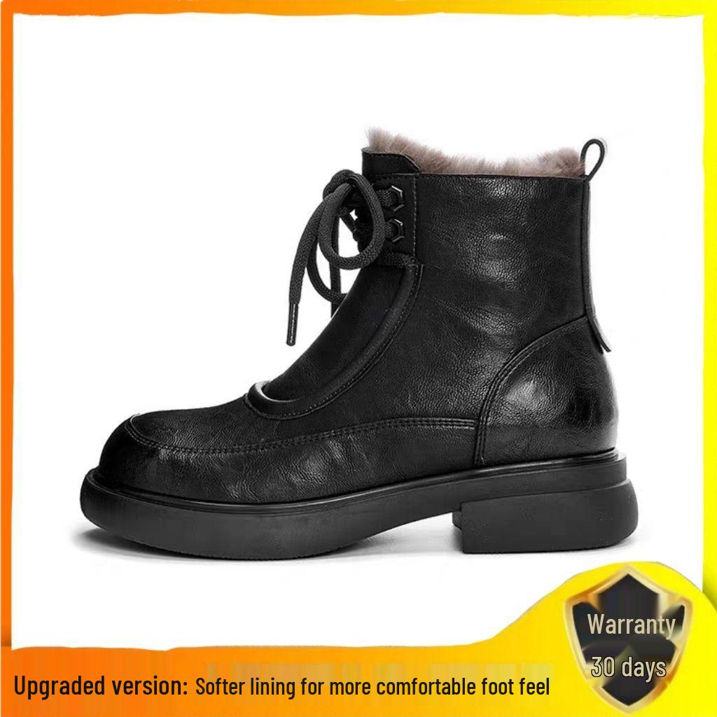 Women's Winter Thick-Soled Martin Boots – British Style, Fleece-Lined, Lace-Up Ankle Boots for Warmth in Snow, Available in Black and Brown.