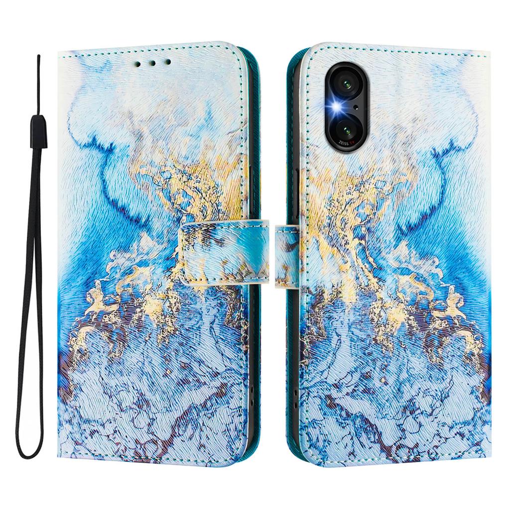 Ozeanfarbener Marmor Luxus Bemaltes Lederetui Brieftasche Buchstil Hülle für Sony Xperia 5 IV / 10 IV ,Xperia 1 V / 5 V / 10 V,Xperia 1 VI,5 VI,10 VI.
