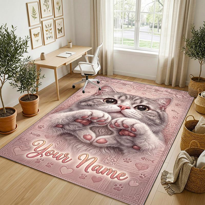 Cats Theme Soft Crystal Velvet Rug Custom Name & Text Print Non Slip Floor Rug for Bedroom Living Room