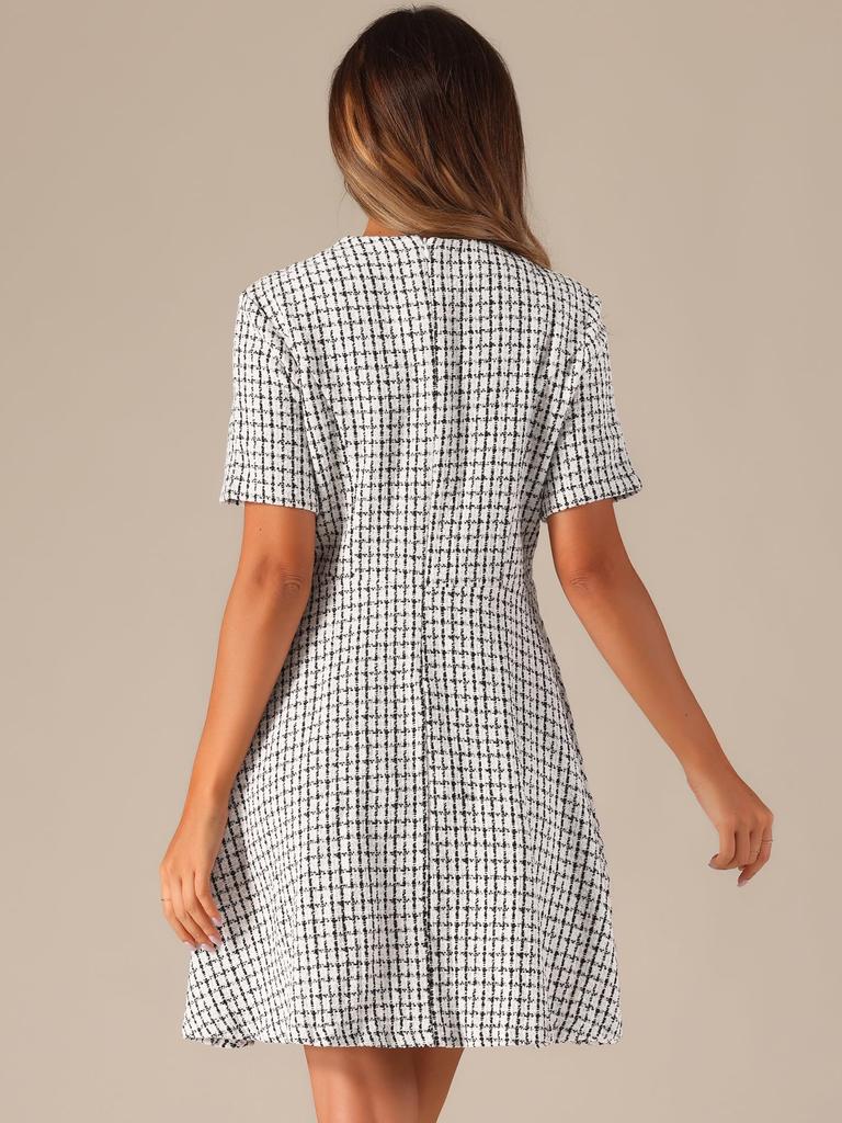 Allegra K Women's Short Sleeve Checked Tweed Dress with Zipper and Buttons, Casual Mini Dress, Apricot, Size L