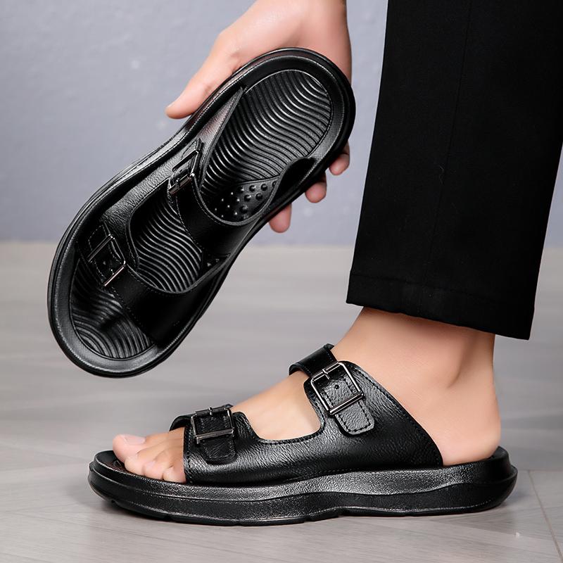 Fashion Casual Beach Slipper Outdoor Male Home Flip Flops Mens Slip On Flats Mans Slippers Leather Walking Shoes Men's Summer Half Drag