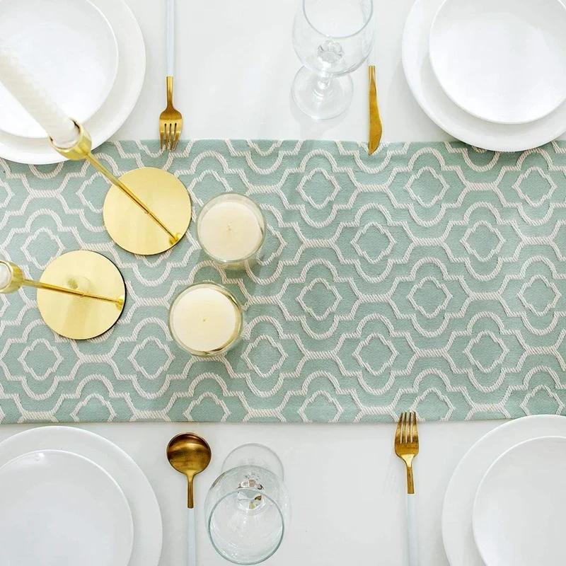 Elegant Jacquard Turquoise Cotton Linen Table Runner with Tassels Dresser Scarf for Home Party Wedding Dining Table Decor
