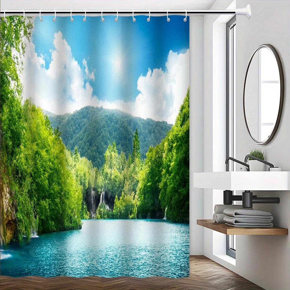 Scenic Lake Shower Curtain - Lush Forest & Clear Water Theme For Bathroom Decor, Adds Nature'S Tranquility And Beauty
