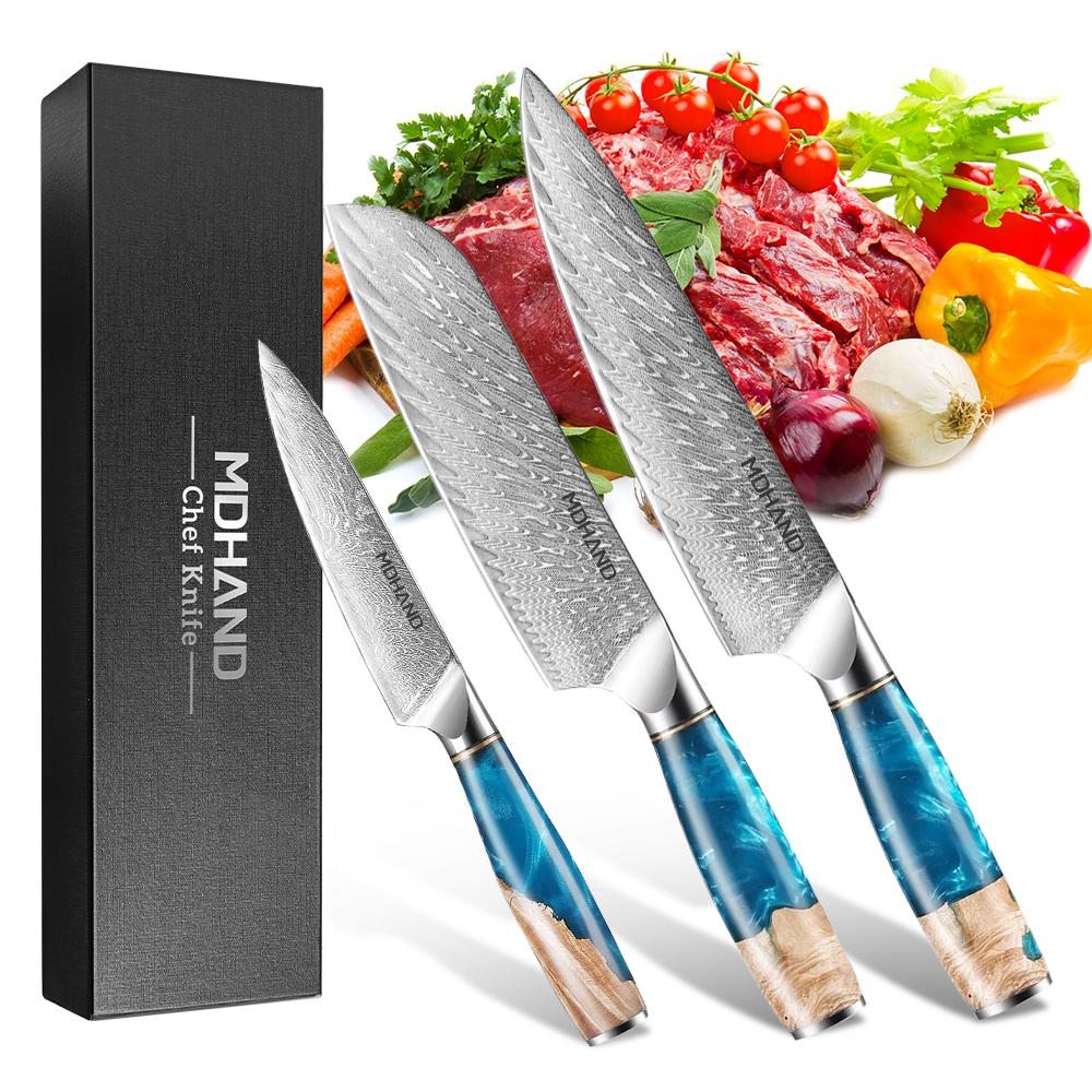 3-Piece Stainless Steel Kitchen Knives Set Japanese Professional Chef Knife with Blue Resin Handle Cooking Knife, Elegant Box