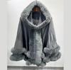 European & American Plus Size Fur Collar Hooded Cloak Shawl Women's Knit Cardigan Cape Coat for Autumn & Winter