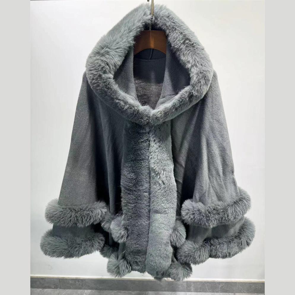 European & American Plus Size Fur Collar Hooded Cloak Shawl Women's Knit Cardigan Cape Coat for Autumn & Winter
