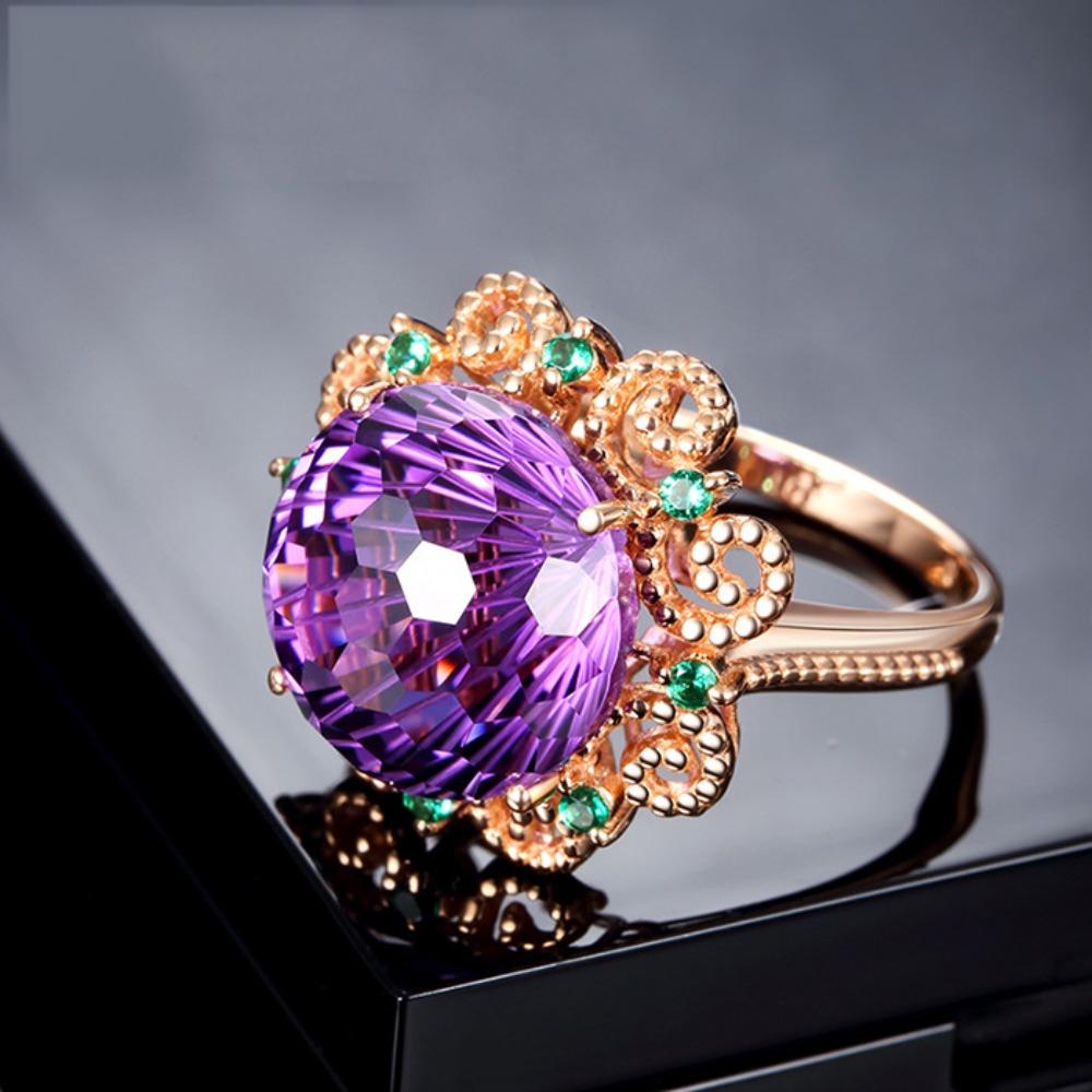 Purple Amethyst Colorful Gemstone Ring 14k Rose Gold Plated Hollow Out Engagement Ring for Women