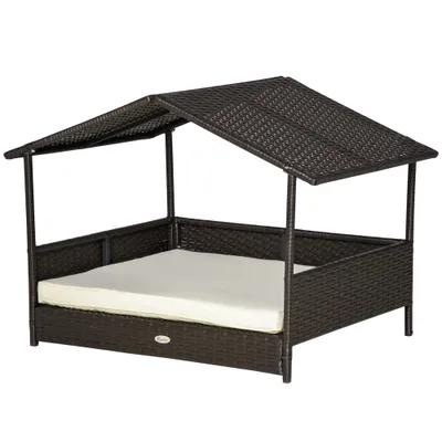 Zatte Outdoor Rattan Hundehütte mit Kissen, Braun, 98 x 69 x 73 cm