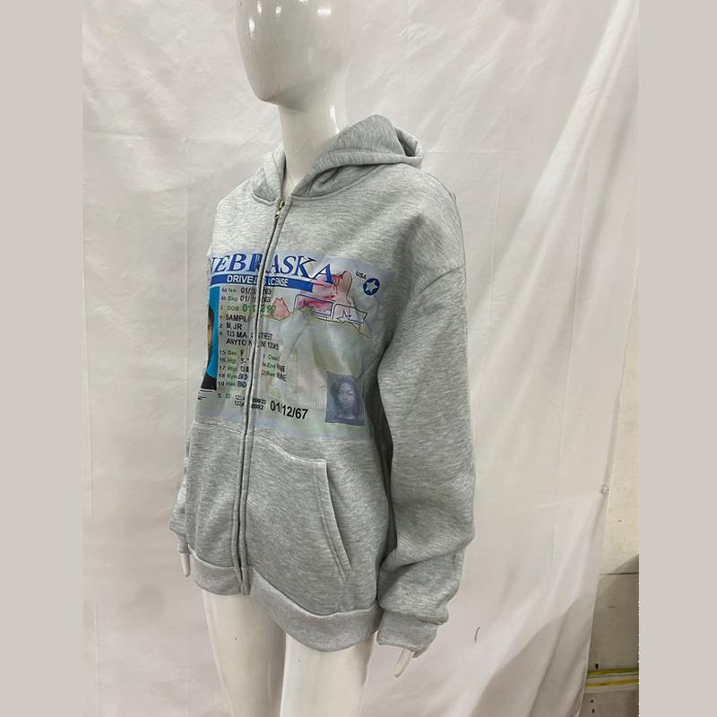 Evropská a americká Y2K personalizovaná tištěná mikina s dlouhým rukávem, retro streetová móda, mikina na zip