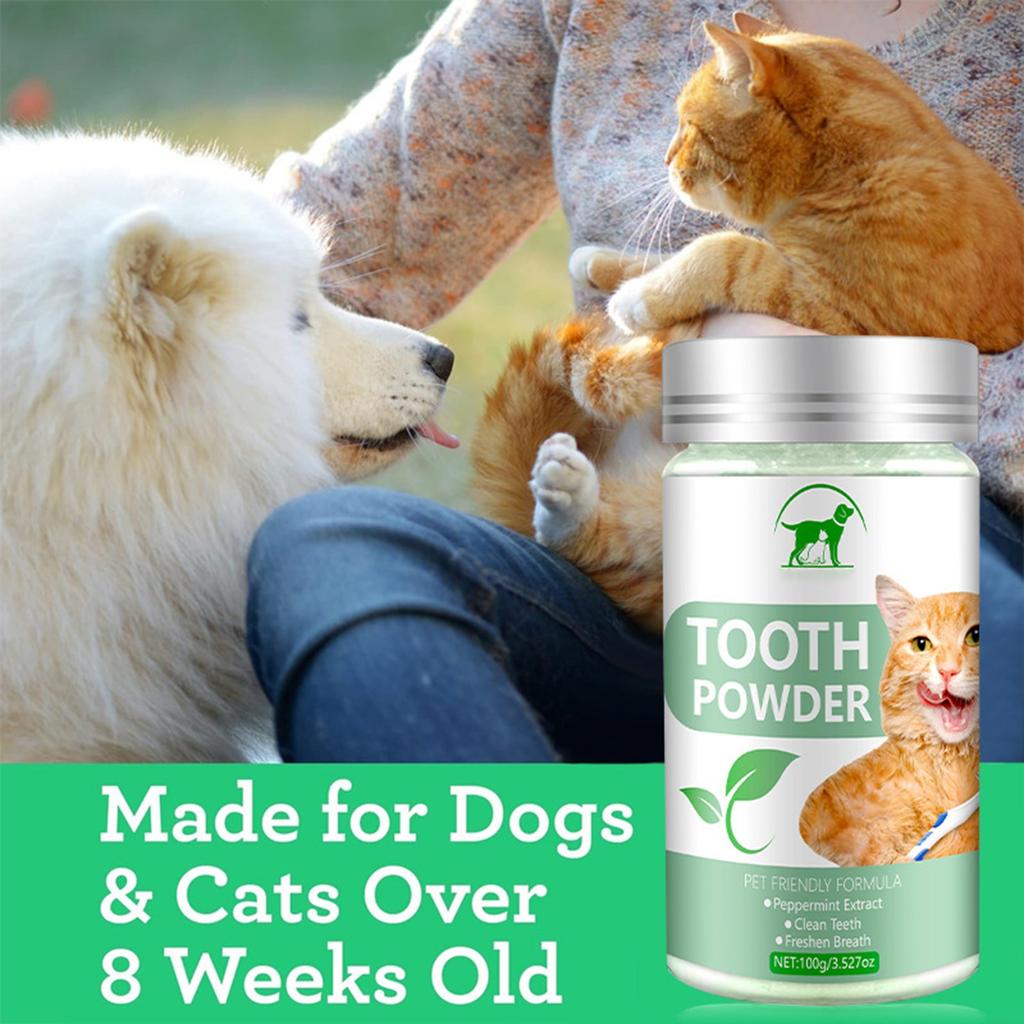 Pó de limpeza de dentes para cães e gatos para limpar os dentes e prevenir mau hálito e mau hálito. Pó de limpeza dental para escovar os dentes