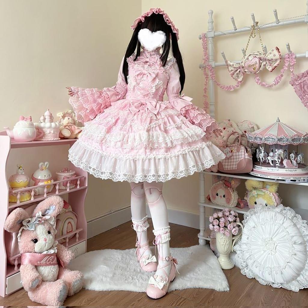 Jundakara Lolita Costume Featuring and Puff Perfect for a Sweet French or Princess Size Women's 3-Piece Set, Ribbons, Ruffles, Lace-Up, Sleeves.