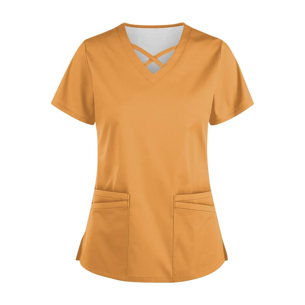 Women’s Short Sleeve V Neck Scrub Top with Cross Neckline and Two Front Pockets for Uniforms