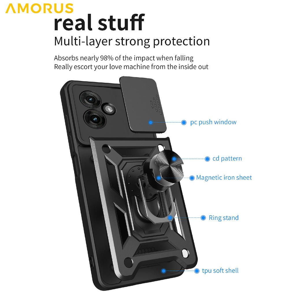 AMORUS Für Motorola Moto G55 5G Hülle Ständer PC+TPU Handyhülle mit Kameraobjektivschieber