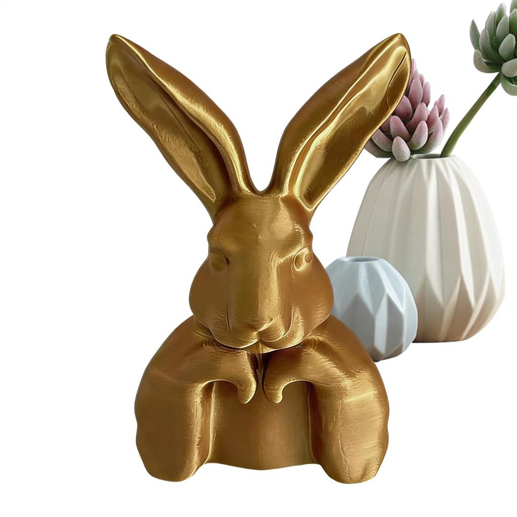 3D Printed Easter Bunny Ornament Gold Bunny Thinking Meditation Statue Decorative Sculpture Easter Dining Table Decoration