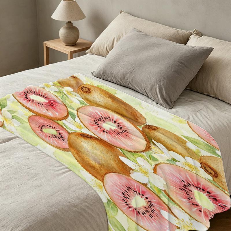 Fruit Series Flannel Blanket: Thick Warm Soft Watercolor Style, Decorative & Functional Single Throw for Home Guest Room, Christmas & Halloween