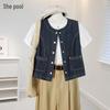 Women's Collegiate Style Round Neck Denim Vest