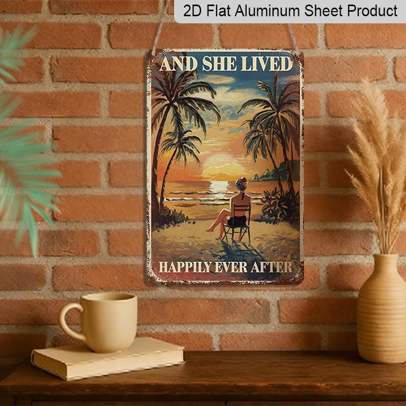 2D Flat - Retro Beach Aluminum Sign - Lady Enjoying The Shore, Ideal for Home and Bar Decoration, Wall Mounting, 7.87*11.8 Inchs, No Electricity