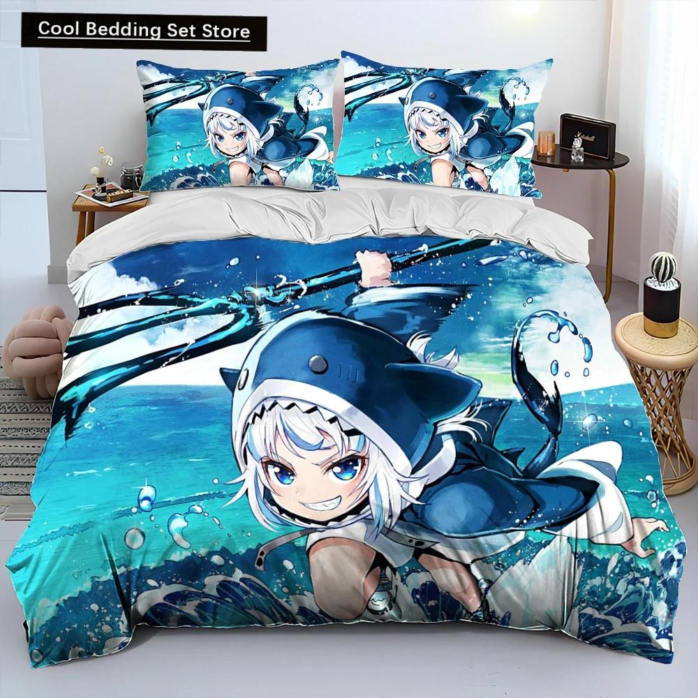 Comforter Cute Gawr Gura Hololive Anime Shark Comforter Bedding Set Bed Set King Queen Size Bedding Set