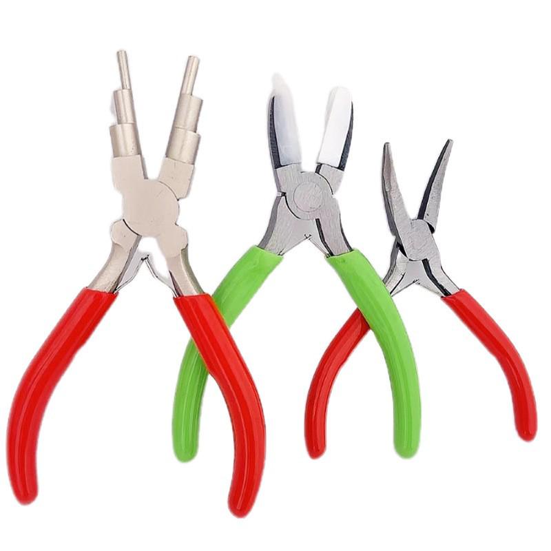 Six-Step Jewelry Wire Pliers Set: Round Nose, Needle Nose, 6-Step Loop, Bent Nose, and Nylon Pliers.