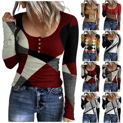 Women's T-shirt Fashion Casual Printed U Collar Button Long Sleeve Top