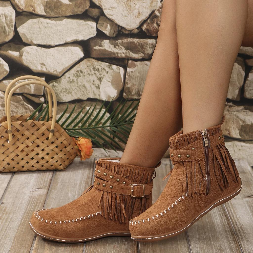 Woman Casual Walking Shoes Fashion Cozy Ankle Boots Designer Fringes Retro Shoes Winter Flat Bottomed Short Boots