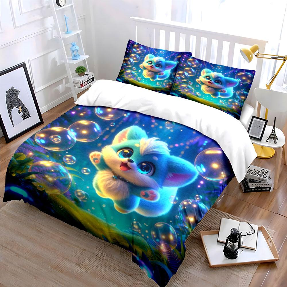 Fantasy Blue Puppy With Glowing Bubbles Duvet Cover Set With 3D Printing Design Soft Polyester Bedding Set All-Season Comfort