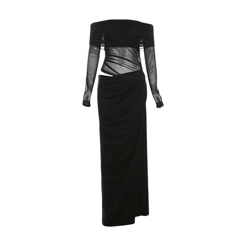 2026 spring new women s clothing European and American style temperament sexy one-word shoulder mesh yarn perspective long dress women XS чёрный
