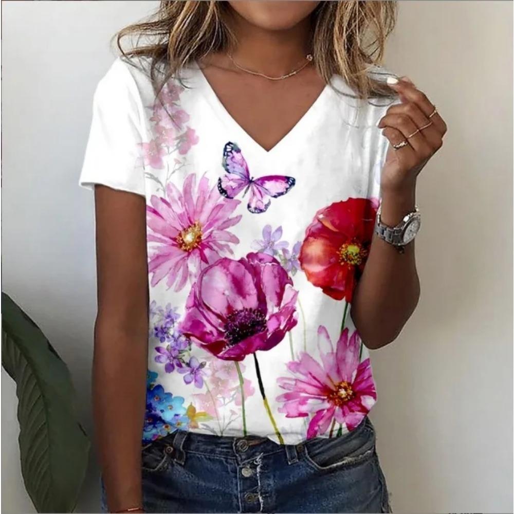 Summer New Style Floral 3D Print Casual V-Neck Women Short Sleeve Comfortable Polyester Fiber Fashion