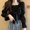 New French Boutique Short Sleeve Long Sleeve Shirt Design Slim Fit Ruched Tie-Back Top for Women