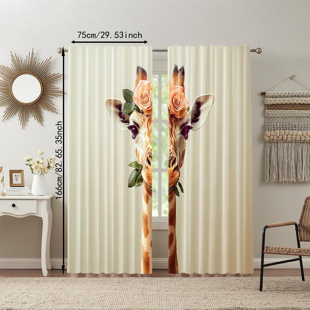 2 Pcs, Versatile Polyester Transparent Curtains for Home Decoration Romantic Giraffe Love for Use In Bedrooms and Living Rooms