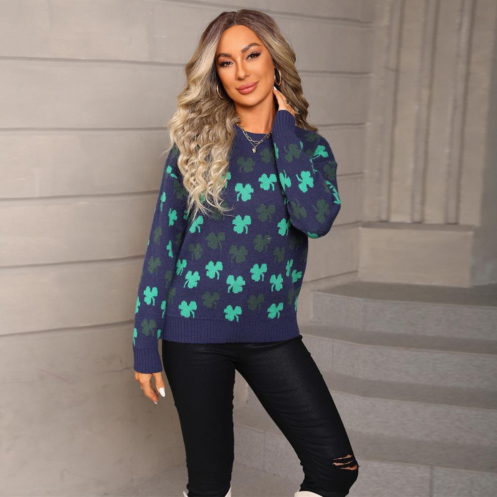 Autumn and Winter New Style Sweaters, Large Jacquard Knit Women's Autumn Street Fashion Knitted Sweater, Round Neck Top