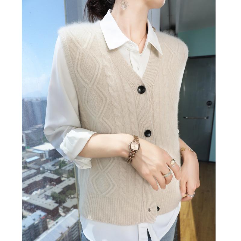 Dámská vlněná kardiganová vesta s výstřihem do V - Vrstvený pletený bezrukávý svrchní oděv s ramenními vycpávkami na podzim/zimu