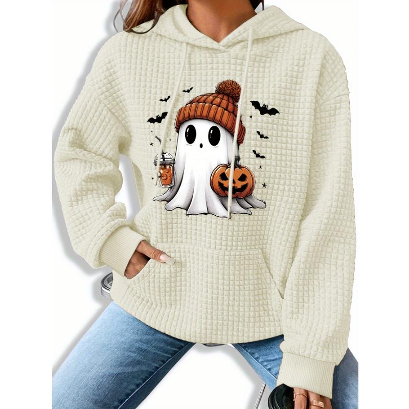 Women'S Halloween Ghost & Pumpkin Print Hoodie,Casual Knit Polyester Sweatshirt with Kangaroo Pocket,Long Sleeve Drawstring Hooded Top for Fall/Winter