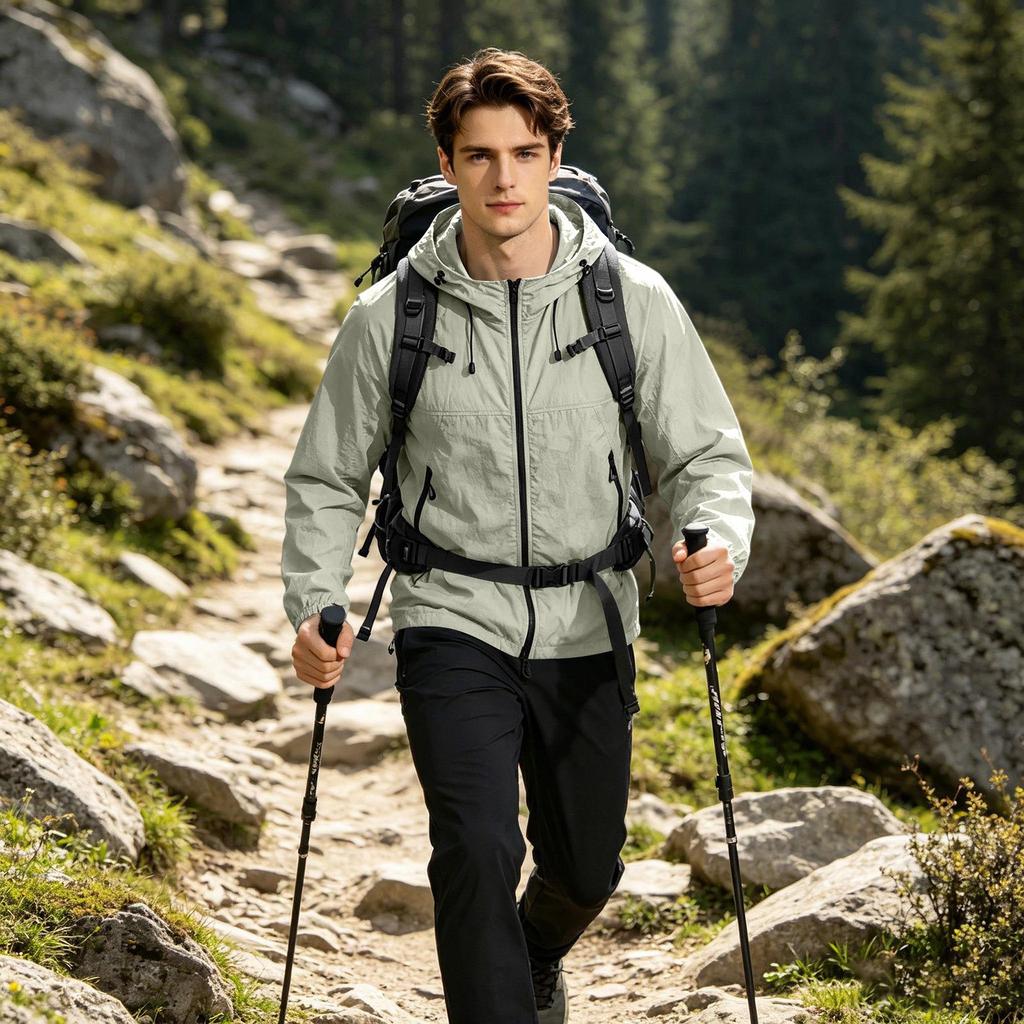 Men's Lightweight Hooded Sun Protection Jacket UV Resistant Outdoor Windbreaker with Zipper Pockets and Adjustable Drawstrings for Travel