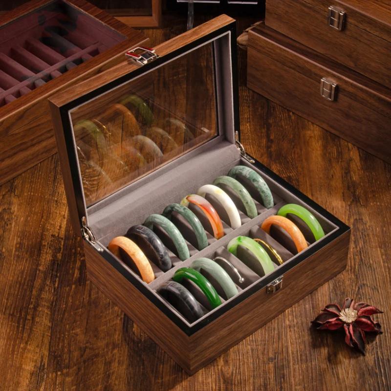 Large Walnut Wood Bracelet Storage Box Vintage Luxury Showcase Bracelets Holder Transparent Display Women Jewelery  Ornament Organizer Casket Supplies