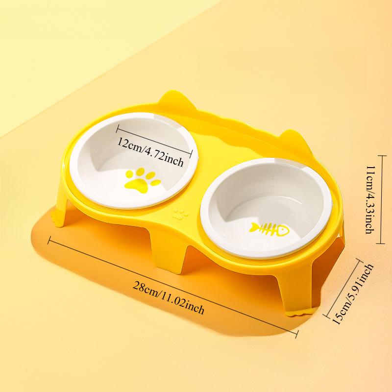 Kitten Double Ceramic Feeder Bowl Pet Water and Food Bowl Dish with Wood Stand No Spill Pet Ceramic Double Bowl for Dog Cat
