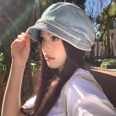 Retro Denim Bucket Hat Women's Spring Summer Big Head Circumference Painter Hat Showing Face Small Short Brim Beret Drape Pile Hat